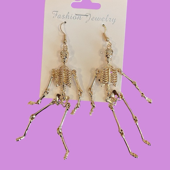 Jewelry - Gold skeleton four inch dangle earrings french wire alloy